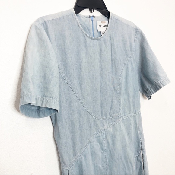 Colovos Midi Dress Chambray Seamed Two Tone Short Sleeve Asymmetrical Hem Small - Picture 7 of 16